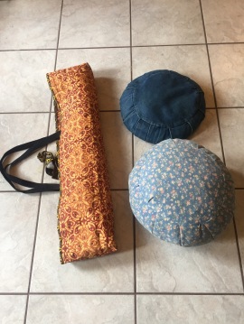 Sewing your own yoga gear. My nice long yoga mat bag from upholstery material, plus yoga straps for the handles. Zafu Meditation seat cushions (pillows) made from denim. I've had the mediation pillows for year, they have held up nicely! Yoga with Gail. 409-727-3177