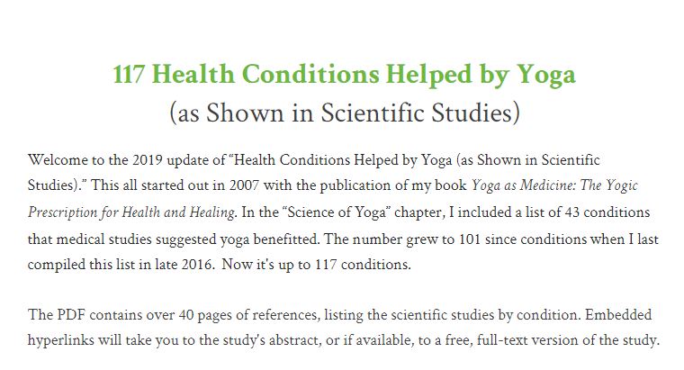 Conditions Improved By Yoga, Self Reported – from "Yoga As Medicine" Book by Timothy McCall, M.D. ~ Gaileee