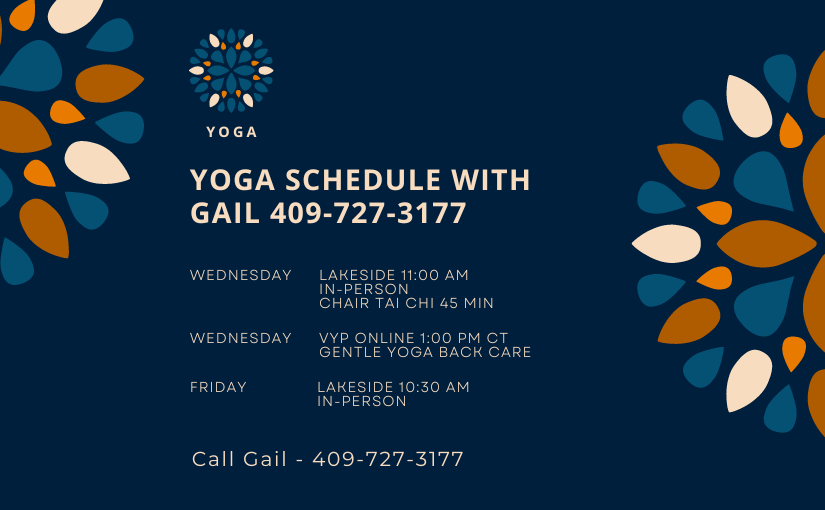 Gail's Yoga Teaching Schedule, online and in-person classes.
