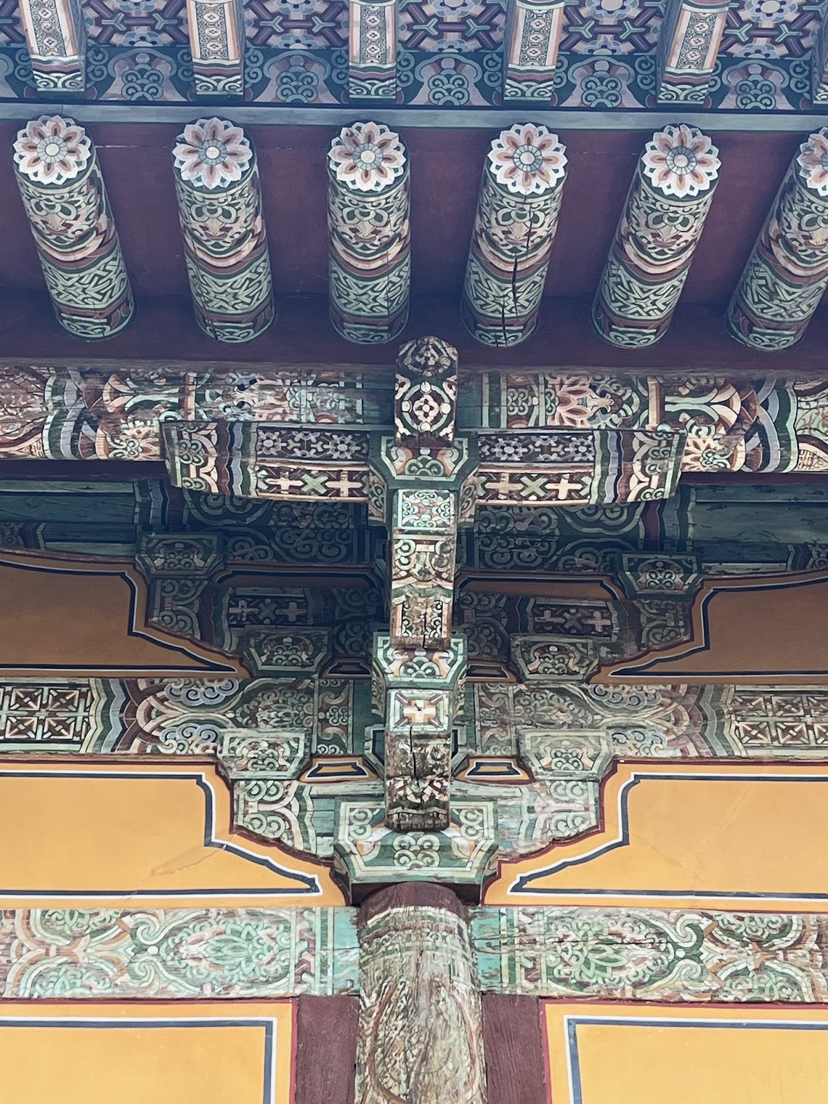 Underneath the varied temple building at the oldest temple in South Korea.